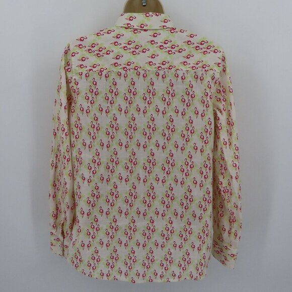 Foxcroft Women 6 Pink Flamingo Green Palm Leaf Collared Button Shirt Top Blouse - Picture 6 of 12